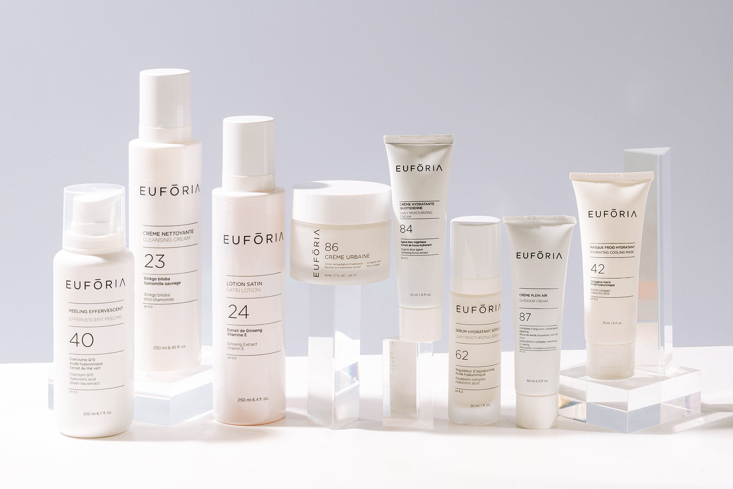 Ensemble de produits Euforia, incluant la Crème Urbaine #86, la Crème Hydratante Quotidienne #84, le Sérum Hydratant #62, et autres, présentés sur des socles transparents avec un fond bleu clair.