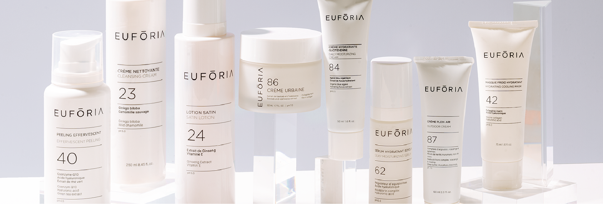 Ensemble de produits Euforia, incluant la Crème Urbaine #86, la Crème Hydratante Quotidienne #84, le Sérum Hydratant #62, et autres, présentés sur des socles transparents avec un fond bleu clair.