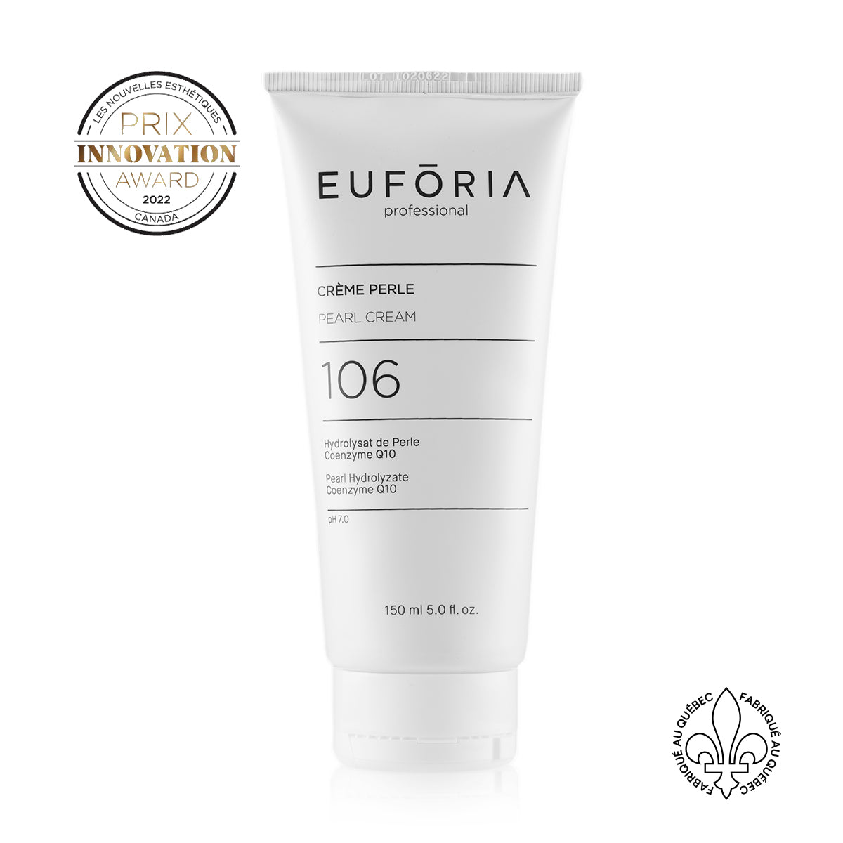 : Tube de Crème Perle #106, 150 ml, avec étiquette indiquant "Hydrolysat de Perle", "Coenzyme Q10", décoré du prix "Innovation Award 2022" et du label "Fabriqué au Québec".