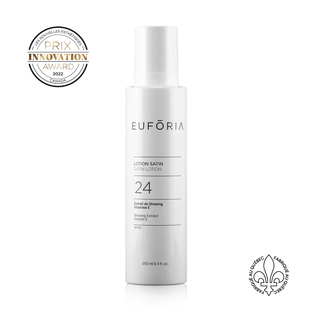 Flacon de Lotion Satin #24, 250 ml, avec étiquette indiquant "Extrait de Ginseng", "Vitamine E", décoré du prix "Innovation Award 2022" et du label "Fabriqué au Québec".