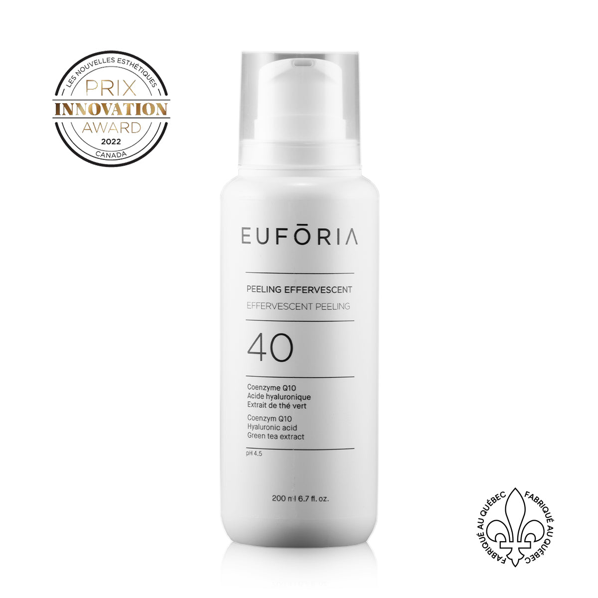  : Flacon de Peeling Effervescent #40, 200 ml, avec étiquette indiquant "Coenzyme Q10", "Acide hyaluronique", "Extrait de thé vert", décoré du prix "Innovation Award 2022" et du label "Fabriqué au Québec".