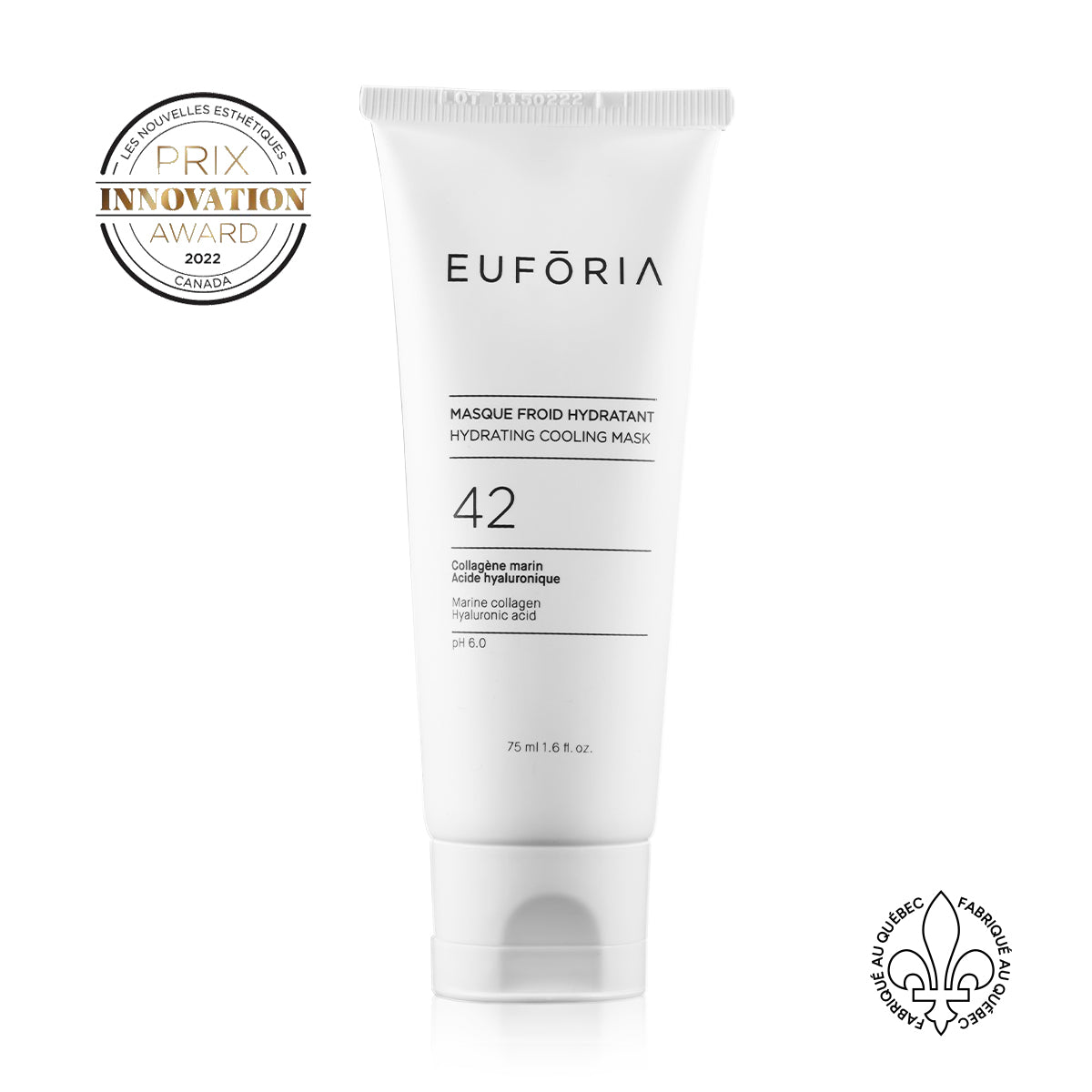 Tube de Masque Froid Hydratant #42, 75 ml, avec étiquette indiquant "Collagène marin", "Acide hyaluronique", décoré du prix "Innovation Award 2022" et du label "Fabriqué au Québec".