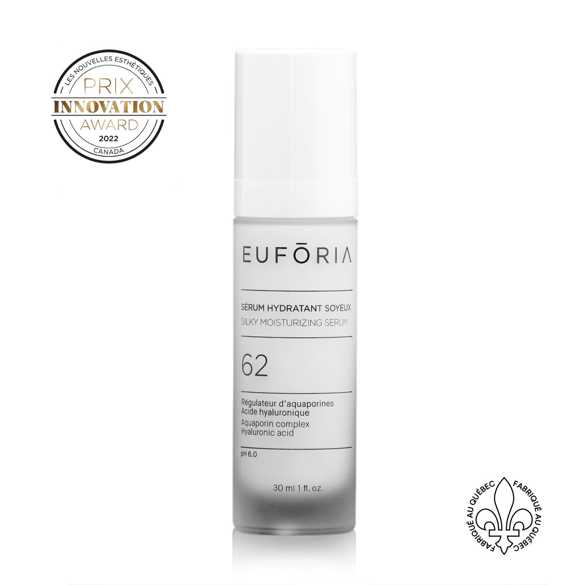 Flacon de Sérum Hydratant Soyeux #62, 30 ml, avec étiquette indiquant "Régulateur d’aquaporines", "Acide hyaluronique", décoré du prix "Innovation Award 2022" et du label "Fabriqué au Québec".