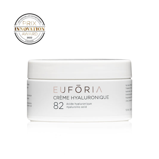 Pot de Crème Hyaluronique #82, 50 ml, avec étiquette blanche et argentée, indiquant "Acide Hyaluronique" et "Hyaluronic Acid".