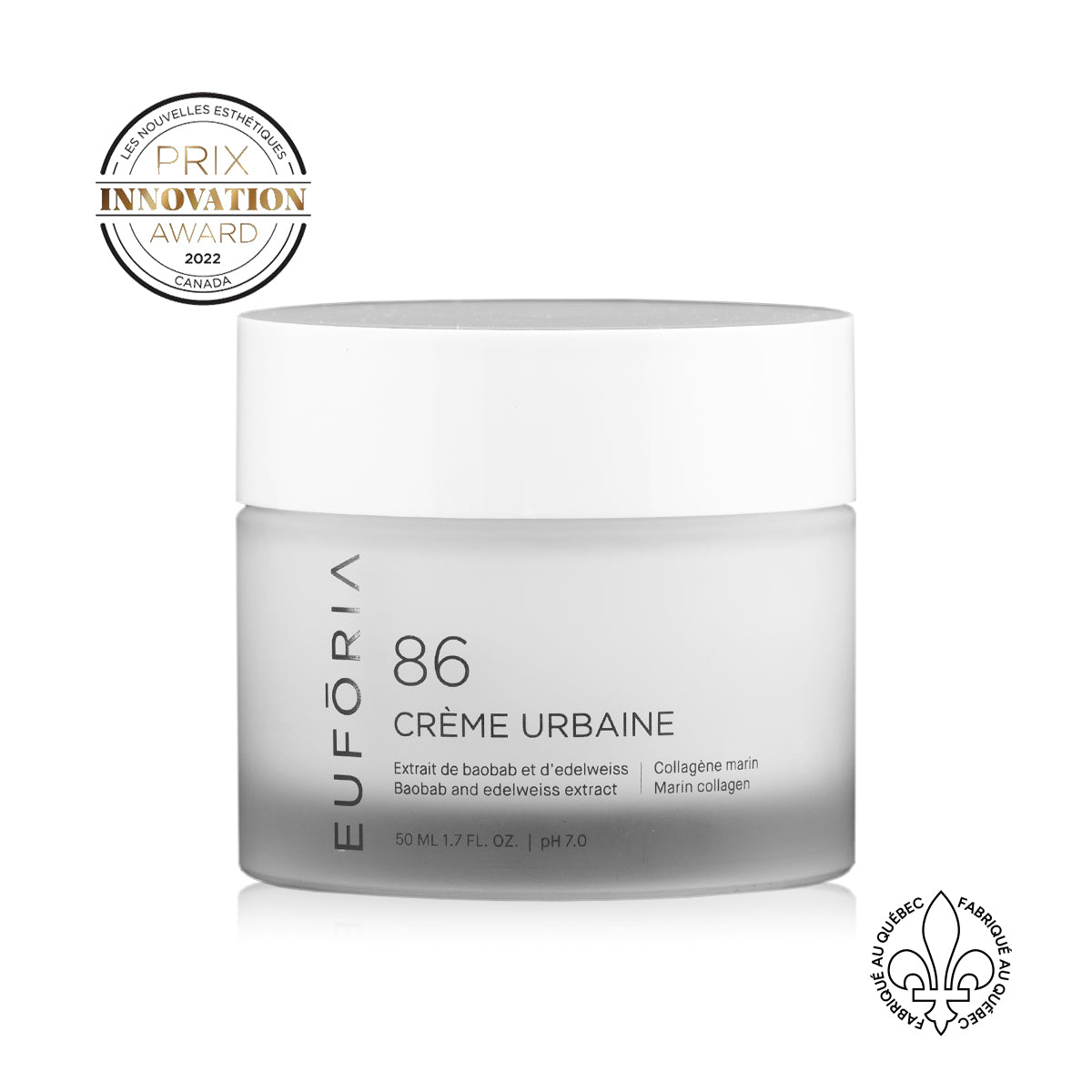 Pot de Crème Urbaine #86, 50 ml, avec étiquette blanche indiquant "Extrait de Baobab et d'Edelweiss", "Baobab and Edelweiss Extract", et "Collagène Marin".