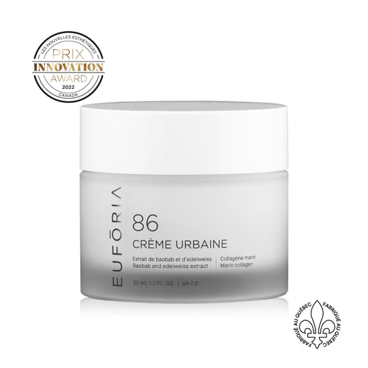 Pot de Crème Urbaine #86, 50 ml, avec étiquette blanche indiquant "Extrait de Baobab et d'Edelweiss", "Baobab and Edelweiss Extract", et "Collagène Marin".