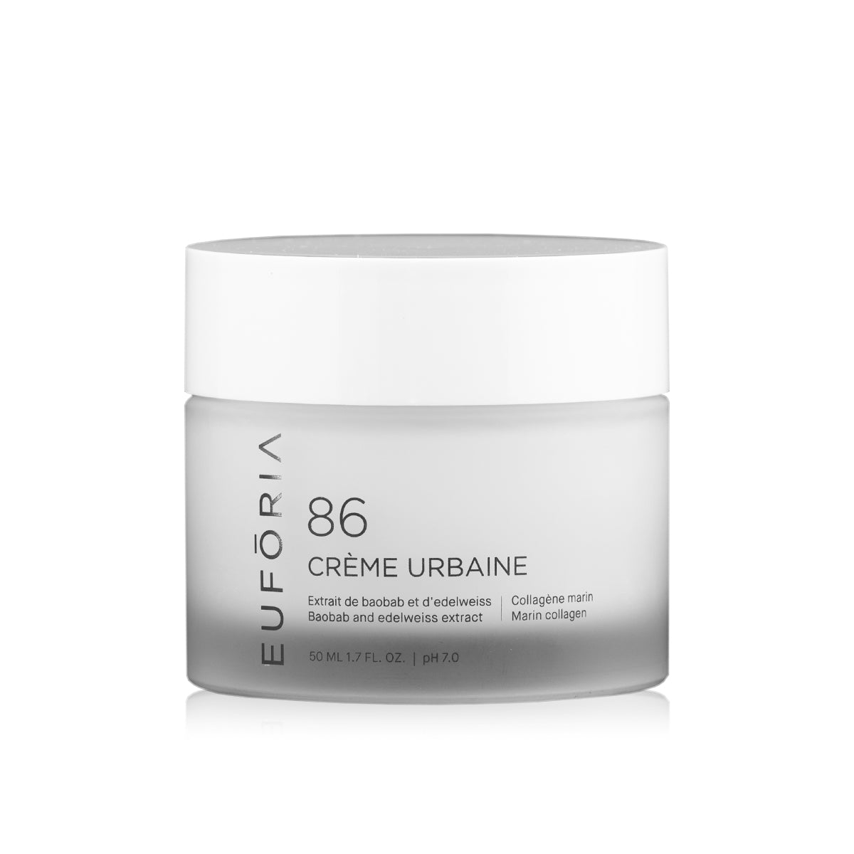 Pot de Crème Urbaine #86, 50 ml, avec étiquette blanche indiquant "Extrait de Baobab et d'Edelweiss", "Baobab and Edelweiss Extract", et "Collagène Marin".