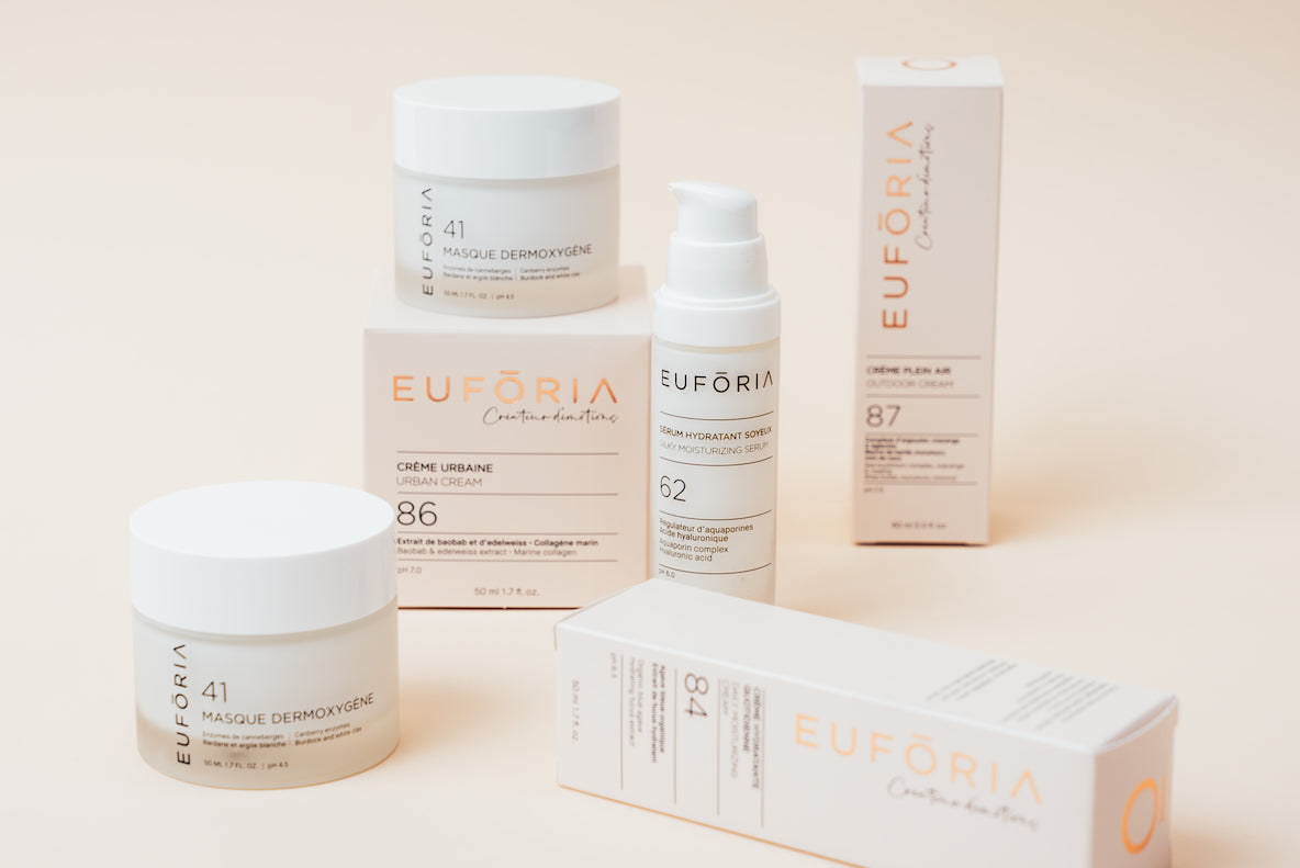 Ensemble de produits Euforia, masques, crème urbaine, sérum hydratant et crème plein air présentés sur un fond beige dans leurs emballages naturels et épurés.