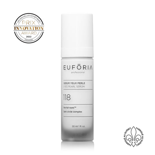  : Flacon de Sérum Yeux Perle #118, 30 ml, avec étiquette indiquant "Revital-eyes™", "Dark circle complex", décoré du prix "Innovation Award 2022" et du label "Fabriqué au Québec".