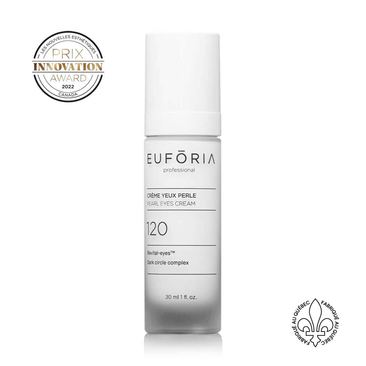 Flacon de Crème Yeux Perle #120, 30 ml, avec étiquette indiquant "Revital-eyes™", "Dark circle complex", décoré du prix "Innovation Award 2022" et du label "Fabriqué au Québec".