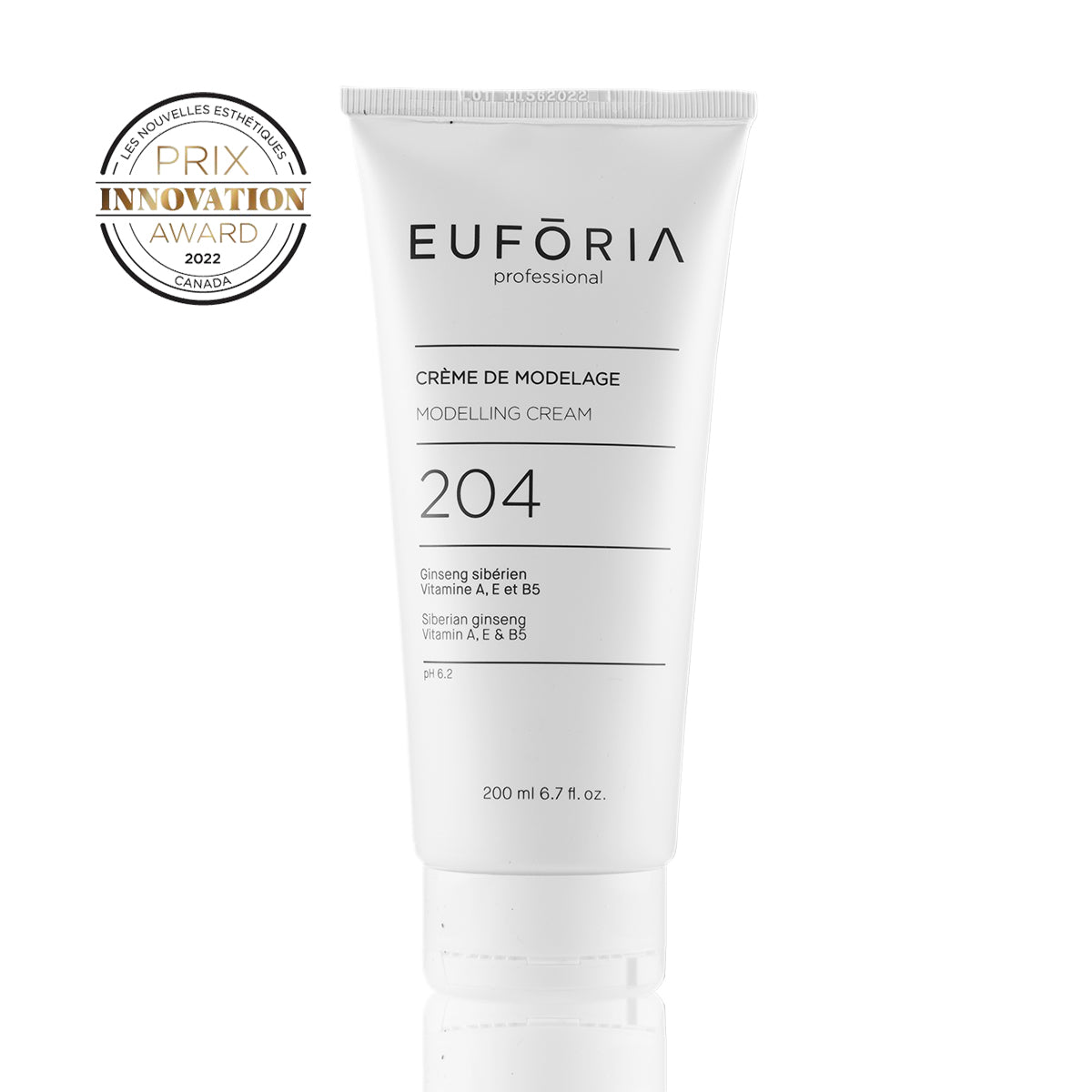 Tube de Crème de Modelage #204, 200 ml, avec étiquette indiquant "Ginseng sibérien", "Vitamine A, E et B5", décoré du prix "Innovation Award 2022".