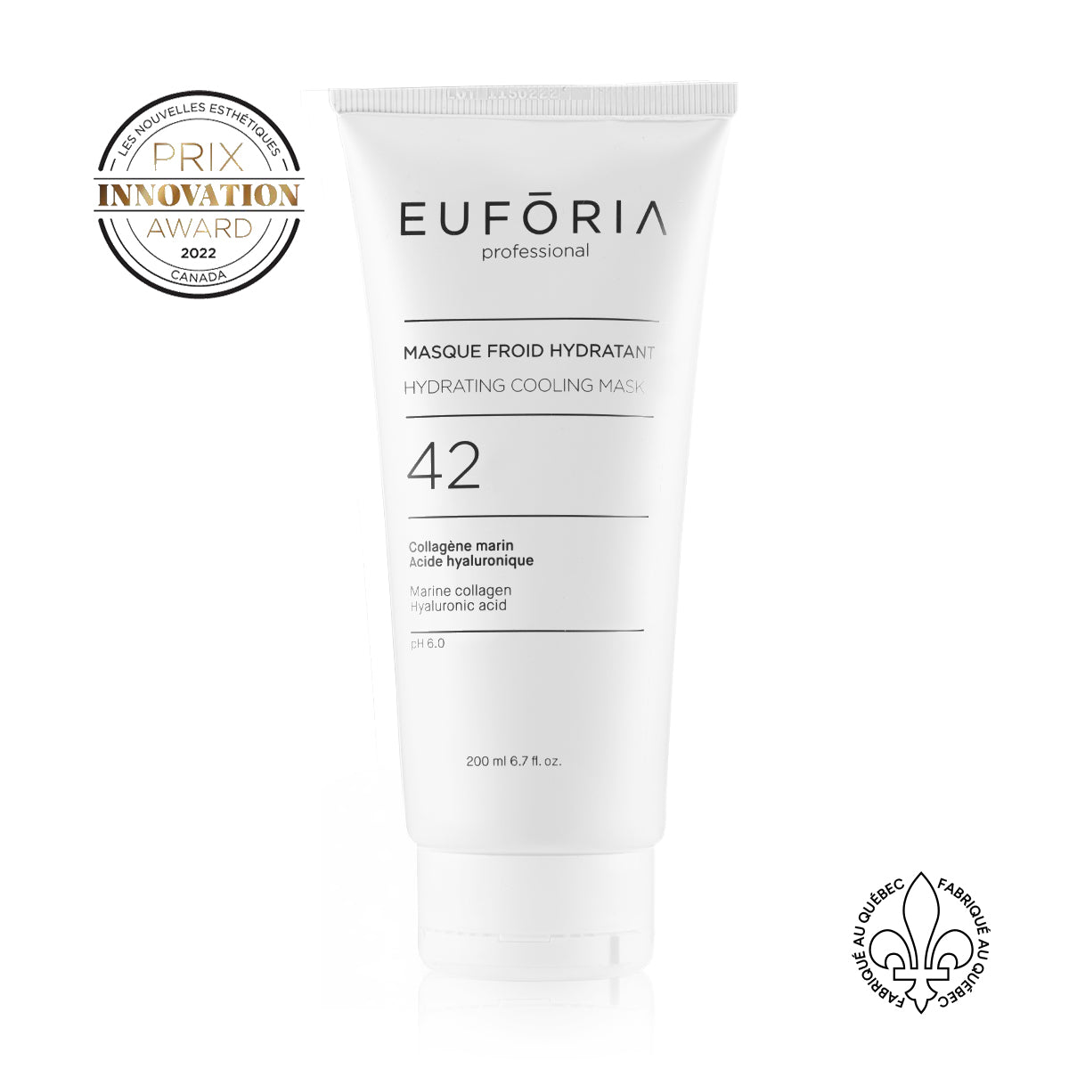 Masque Froid Hydratant #42 : Tube de Masque Froid Hydratant #42, 200 ml, avec étiquette indiquant "Collagène marin", "Acide hyaluronique", décoré du prix "Innovation Award 2022" et du label "Fabriqué au Québec".