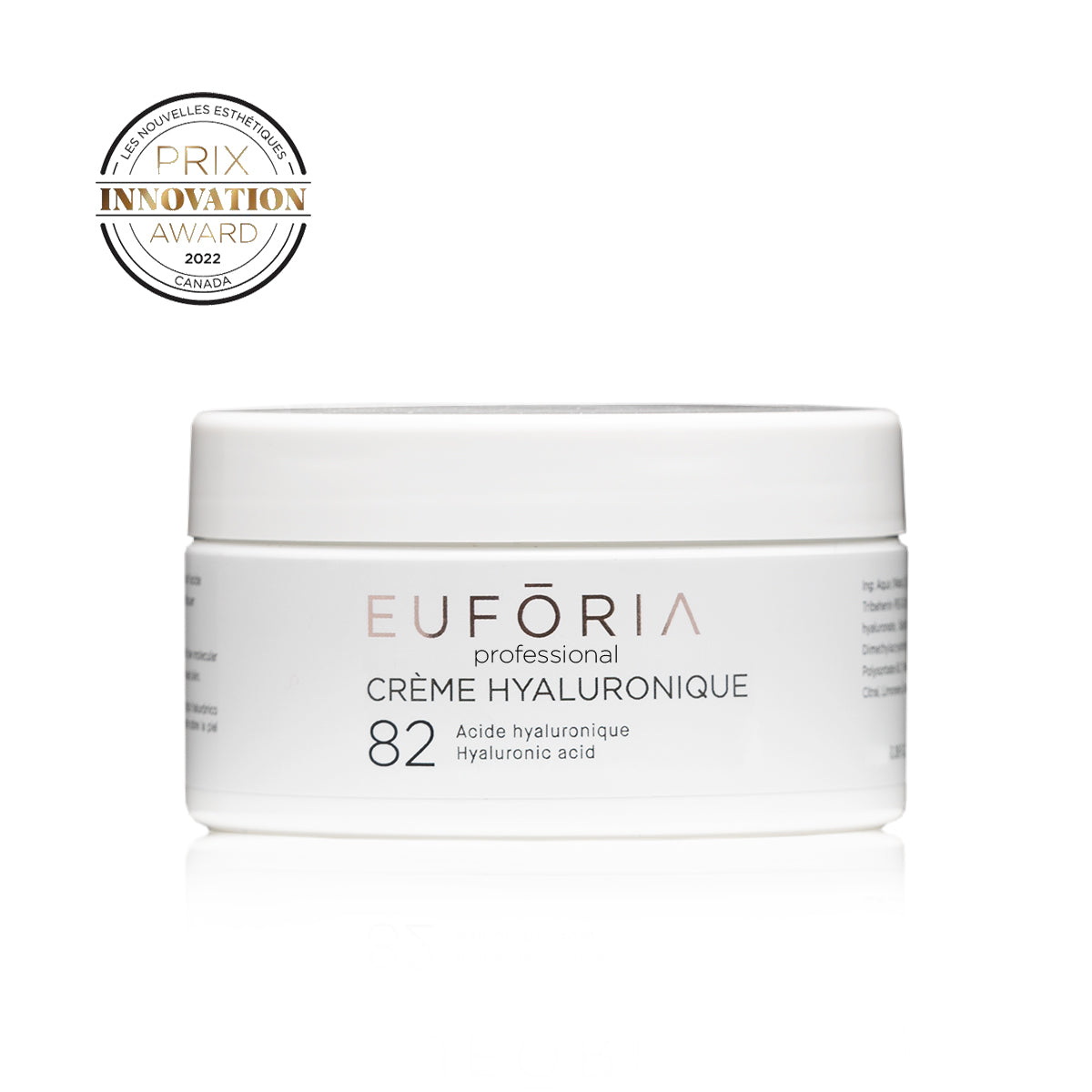 Pot de Crème Hyaluronique #82, 50 ml, avec étiquette blanche et argentée, indiquant "Acide Hyaluronique" et "Hyaluronic Acid".