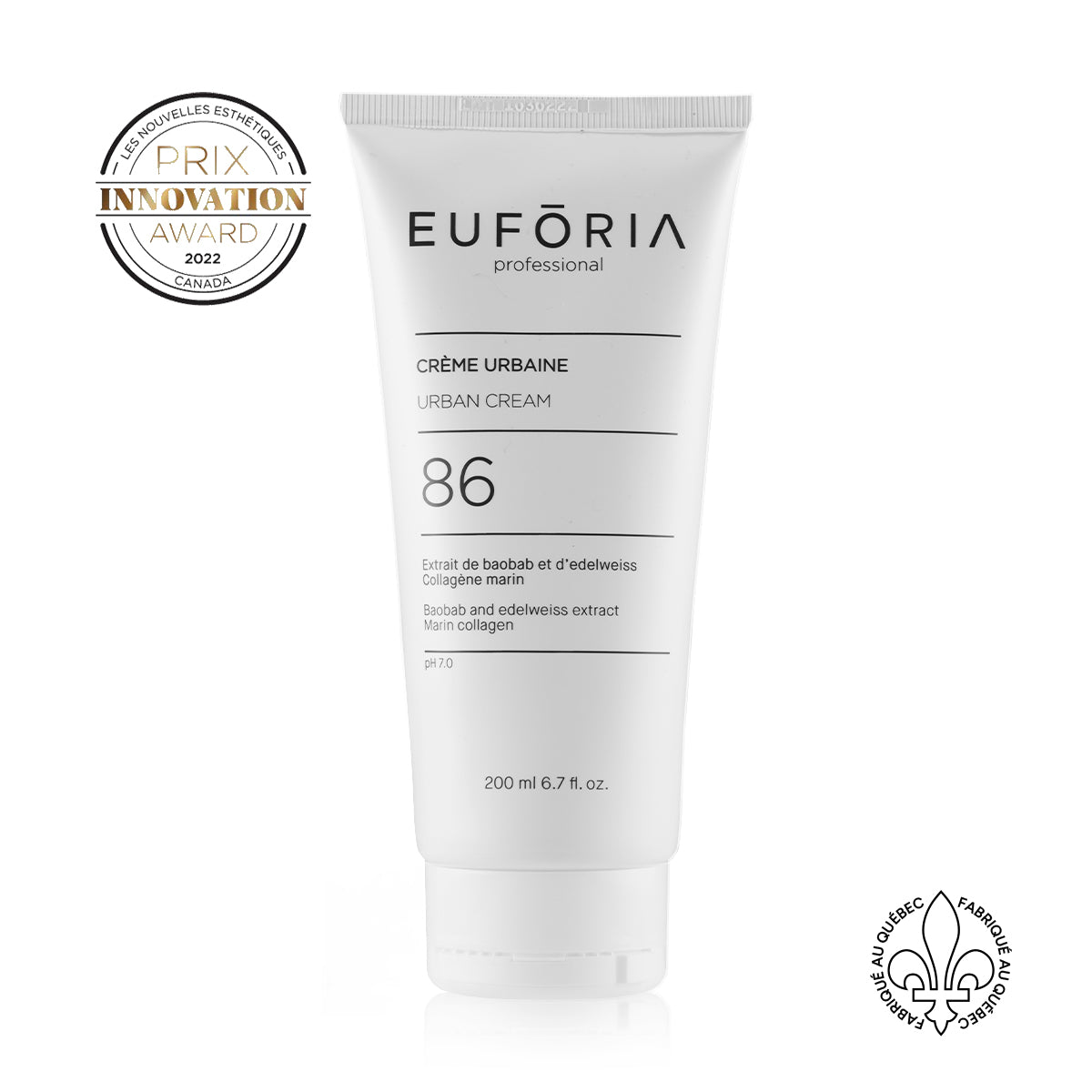 Tube de Crème Urbaine #86, 200 ml, avec étiquette indiquant "Extrait de Baobab et d'Edelweiss", "Collagène marin", décoré du prix "Innovation Award 2022" et du label "Fabriqué au Québec".