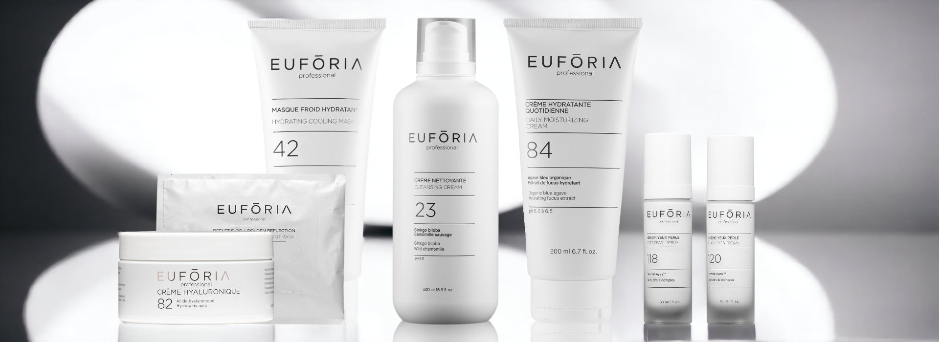 Ensemble de produits professionnels Euforia, incluant la Crème Hyaluronique #82, le Masque Froid Hydratant #42, la Crème Hydratante Quotidienne #84, la Crème Nettoyante #23 et le Sérum Yeux Perle #118, disposés sur un fond neutre avec des éléments décoratifs.