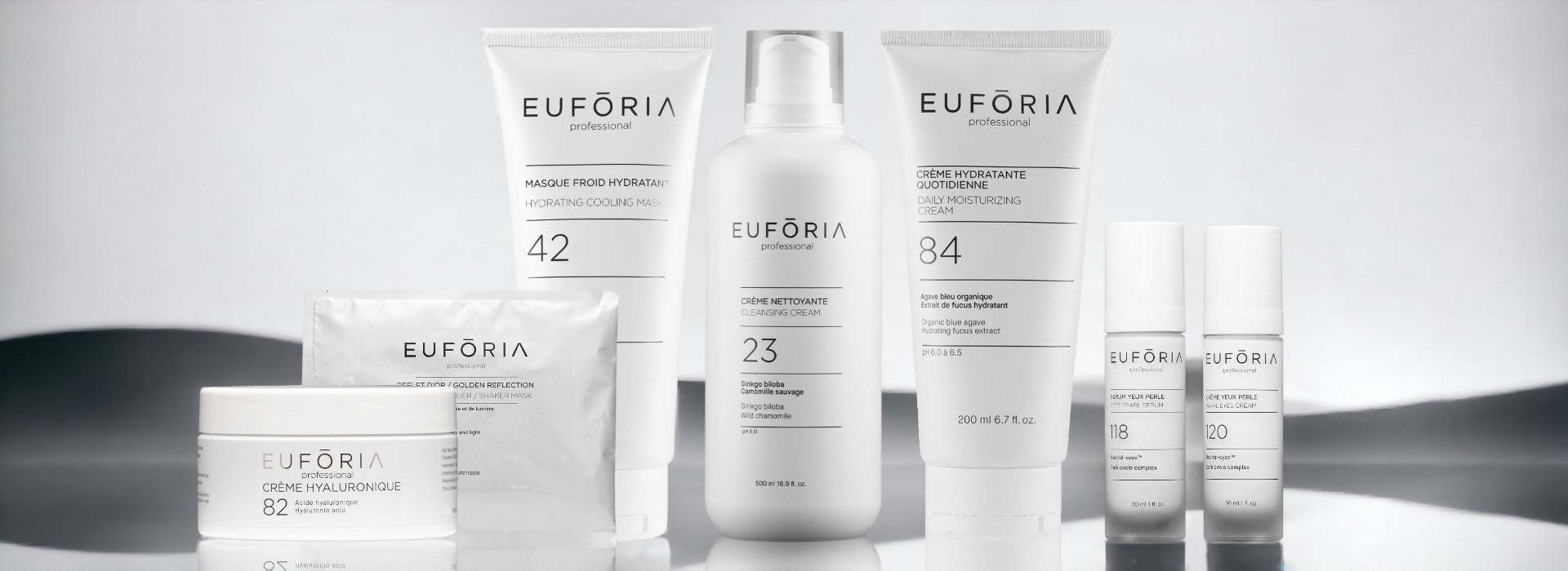 Ensemble de produits professionnels Euforia, incluant la Crème Hyaluronique #82, le Masque Froid Hydratant #42, la Crème Hydratante Quotidienne #84, la Crème Nettoyante #23 et le Sérum Yeux Perle #118, disposés sur un fond neutre avec des éléments décoratifs.